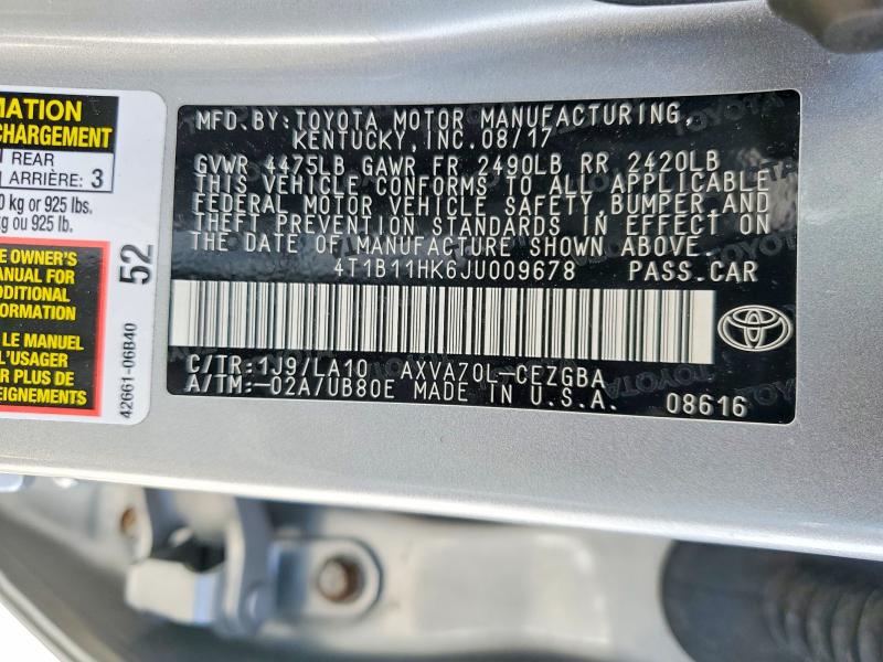 2018 Toyota Camry მანქანა იყიდება აუქციონზე, vin: 4T1B11HK6JU009678, აუქციონის ნომერი: 53367156