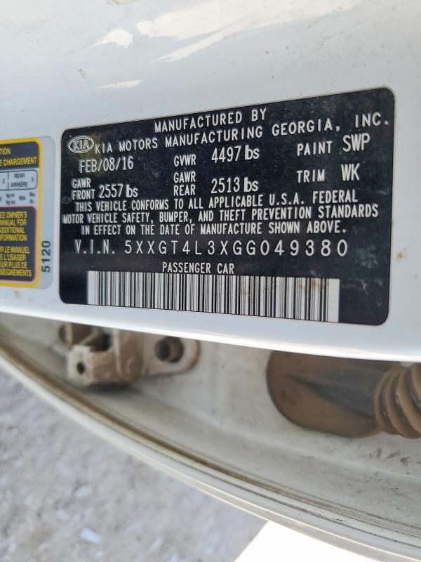 53785416 :رقم المزاد ، 5XXGT4L3XGG049380 vin ، 2016 Kia Optima مزاد بيع