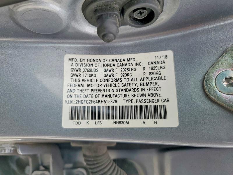 Продажа на аукционе авто 2019 Honda Civic, vin: 2HGFC2F64KH515379, номер лота: 52472306