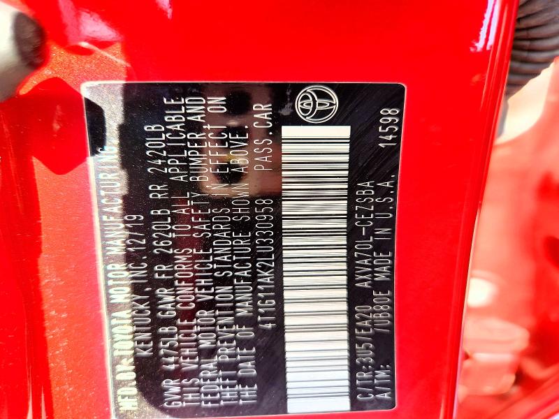 2020 Toyota Camry მანქანა იყიდება აუქციონზე, vin: 4T1G11AK2LU330958, აუქციონის ნომერი: 52970986