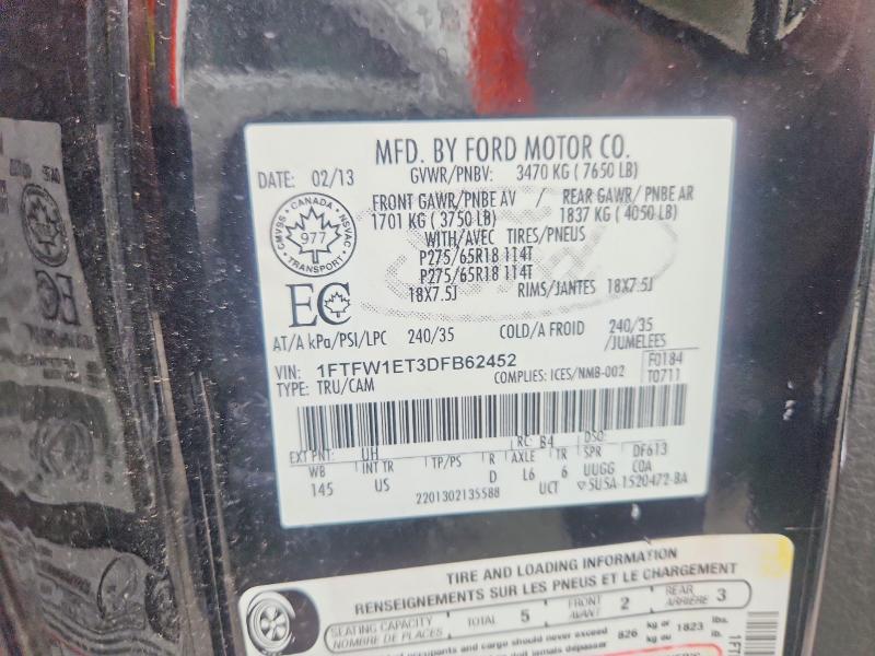 2013 Ford F150 მანქანა იყიდება აუქციონზე, vin: 1FTFW1ET3DFB62452, აუქციონის ნომერი: 54624886
