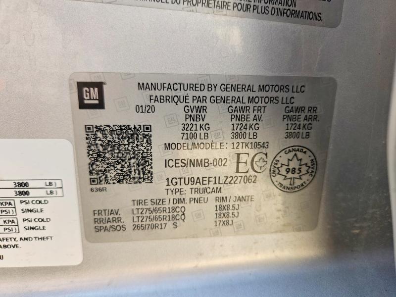 Продаж на аукціоні авто 2020 Gmc Sierra, vin: 1GTU9AEF1LZ227062, номер лоту: 52826956