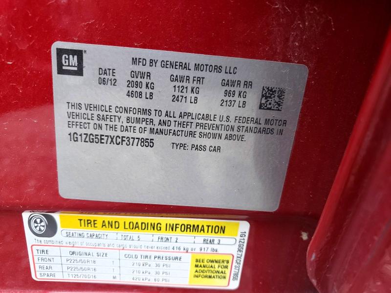 Aukcja sprzedaży 2012 Chevrolet Malibu, vin: 1G1ZG5E7XCF377855, numer aukcji: 53772836