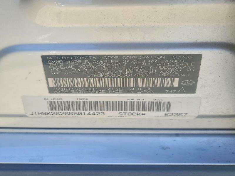 Aukcja sprzedaży 2006 Lexus Is, vin: JTHBK262665014423, numer aukcji: 54496416