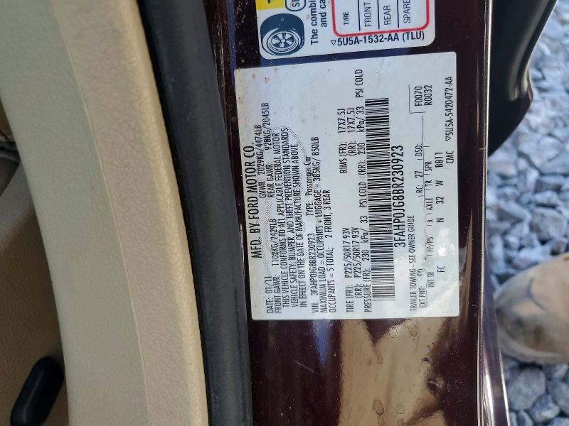 2011 Ford Fusion მანქანა იყიდება აუქციონზე, vin: 3FAHP0JG8BR230923, აუქციონის ნომერი: 54537956