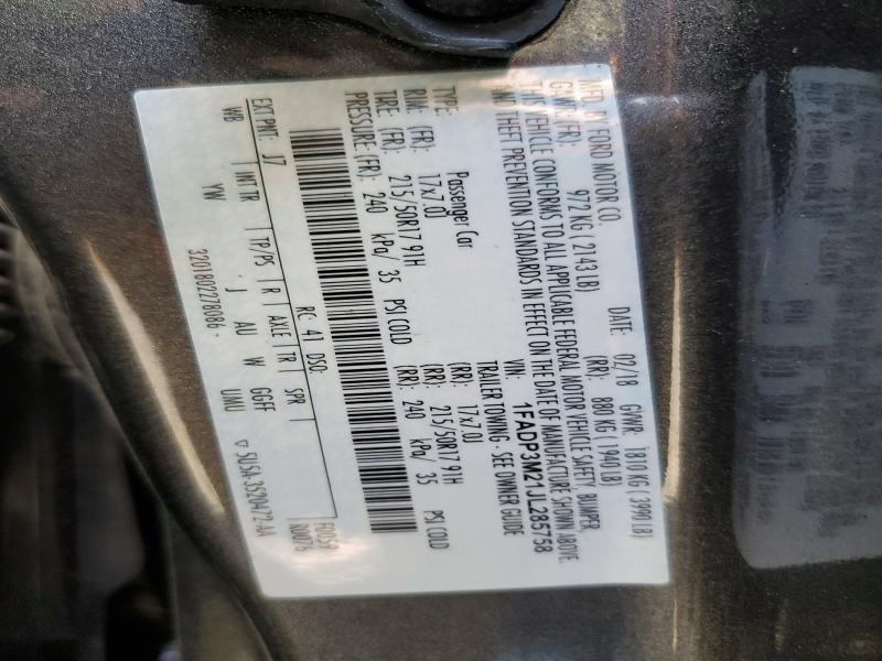 2018 Ford Focus მანქანა იყიდება აუქციონზე, vin: 1FADP3M21JL285758, აუქციონის ნომერი: 52910506
