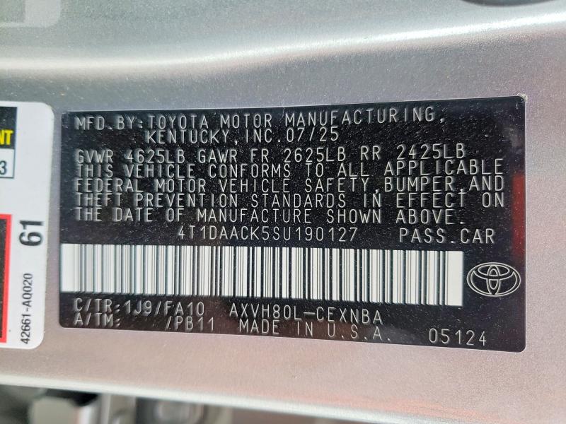 52811836 :رقم المزاد ، 4T1DAACK5SU190127 vin ، 2025 Toyota Camry مزاد بيع