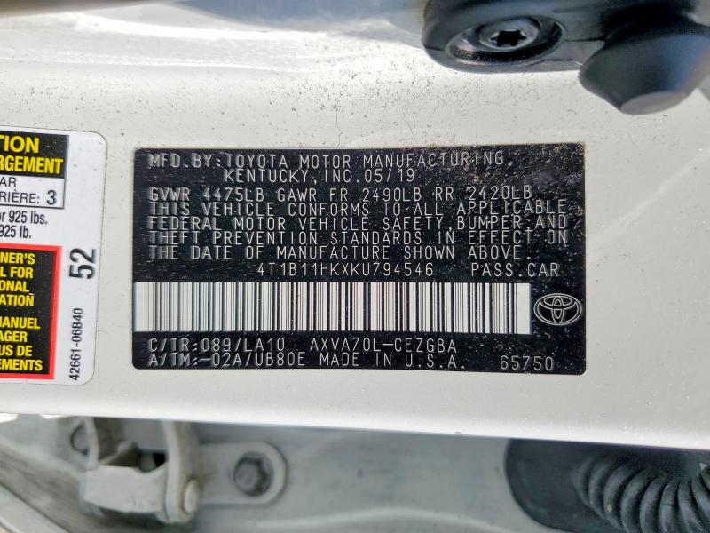 53783906 :رقم المزاد ، 4T1B11HKXKU794546 vin ، 2019 Toyota Camry مزاد بيع
