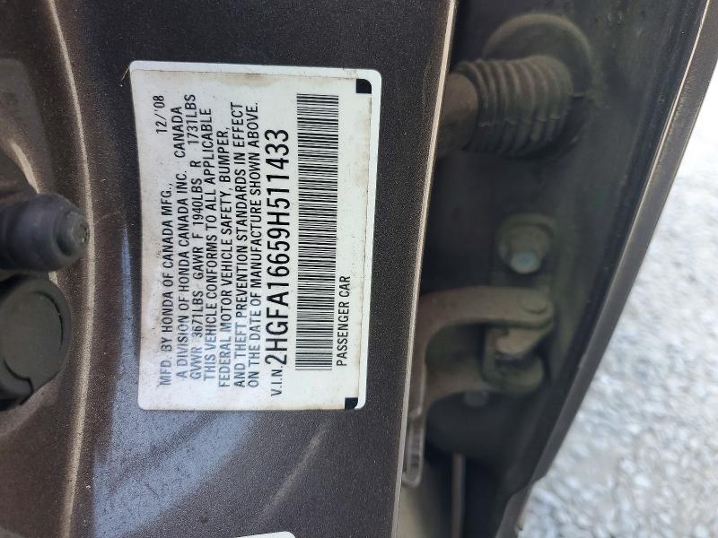 2009 Honda Civic მანქანა იყიდება აუქციონზე, vin: 2HGFA16659H511433, აუქციონის ნომერი: 54337196