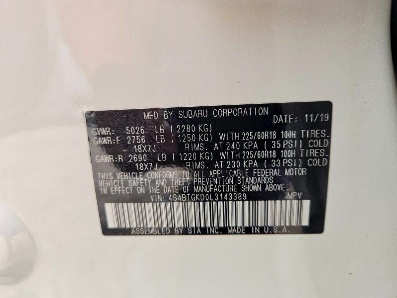 52377356 :رقم المزاد ، 4S4BTGKD0L3143389 vin ، 2020 Subaru Outback مزاد بيع