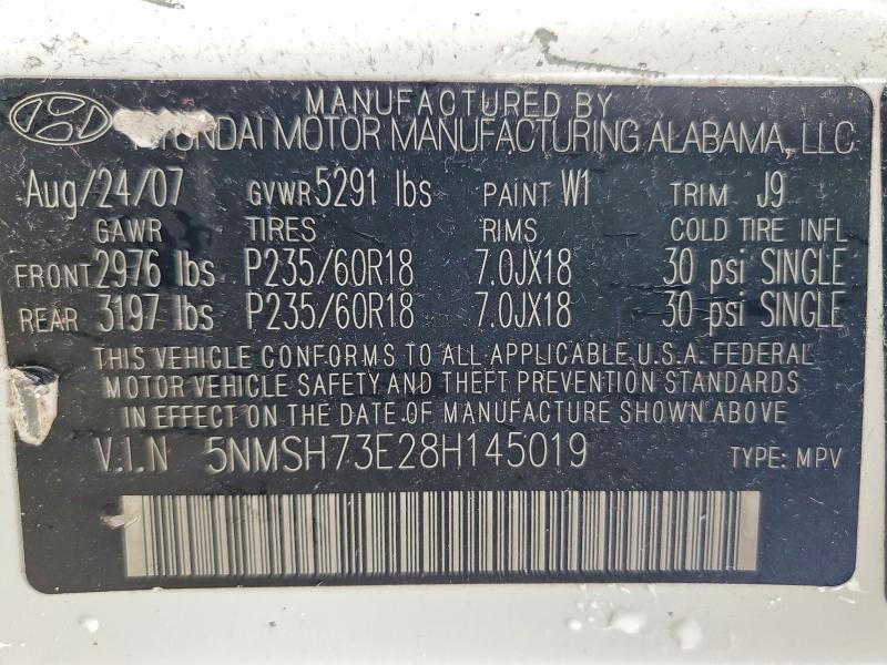 2008 Hyundai Santa Fe მანქანა იყიდება აუქციონზე, vin: 5NMSH73E28H145019, აუქციონის ნომერი: 52149516