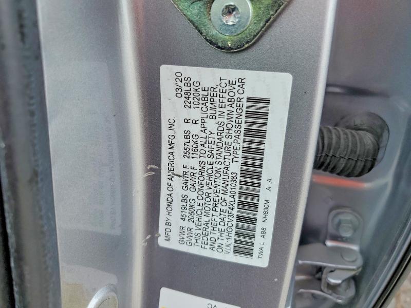 Продаж на аукціоні авто 2020 Honda Accord, vin: 1HGCV3F4XLA010383, номер лоту: 55087996
