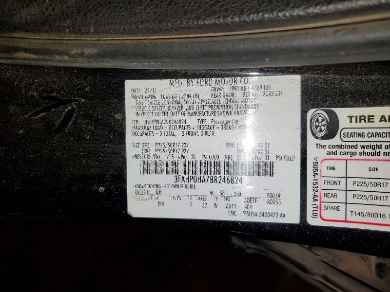 2011 Ford Fusion მანქანა იყიდება აუქციონზე, vin: 3FAHP0HA7BR246824, აუქციონის ნომერი: 52041496