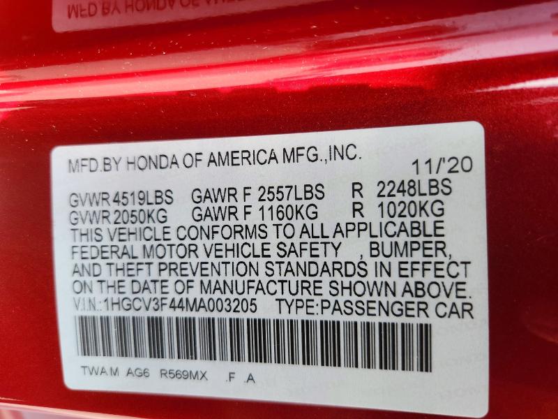 Продажа на аукционе авто 2021 Honda Accord, vin: 1HGCV3F44MA003205, номер лота: 53062996