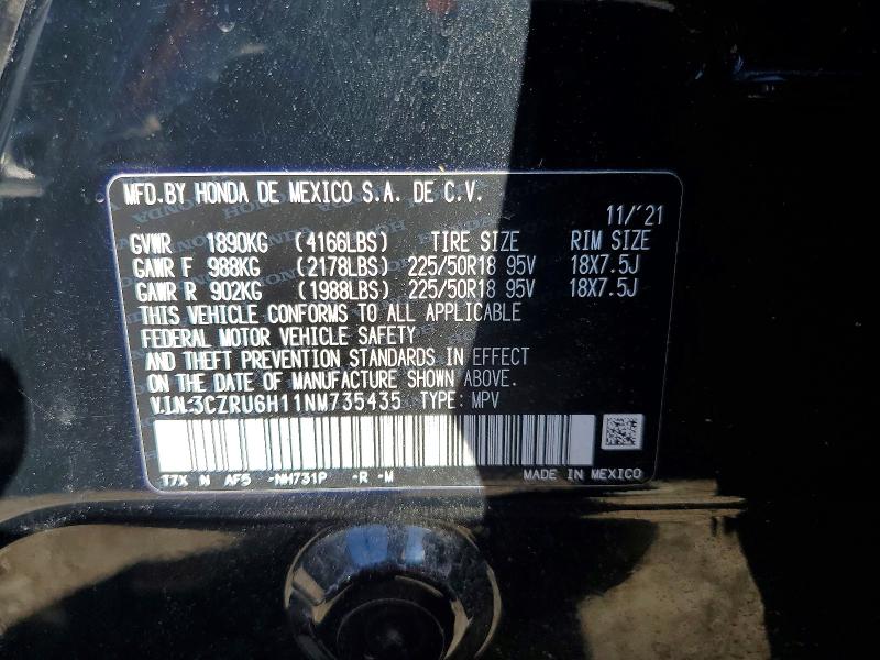 Aukcja sprzedaży 2022 Honda Hr-v, vin: 3CZRU6H11NM735435, numer aukcji: 55514476