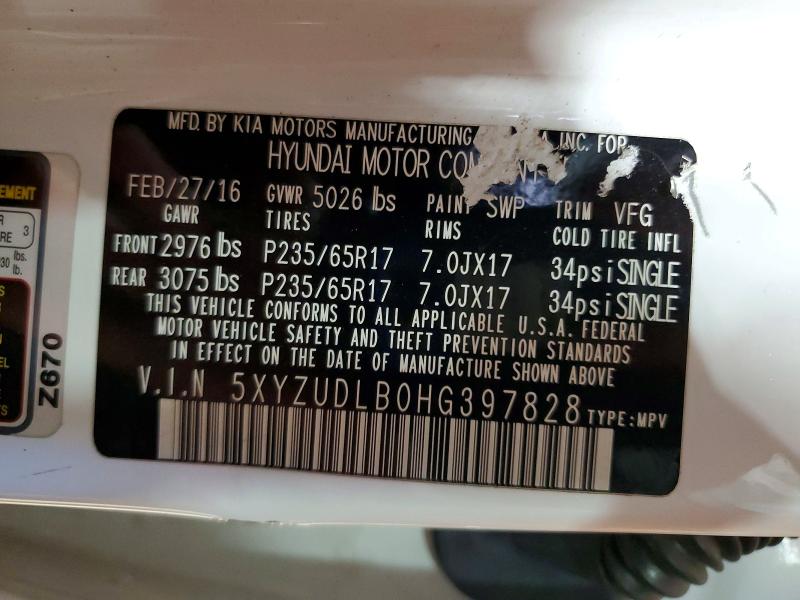 2017 Hyundai Santa Fe Sport მანქანა იყიდება აუქციონზე, vin: 5XYZUDLB0HG397828, აუქციონის ნომერი: 55612326