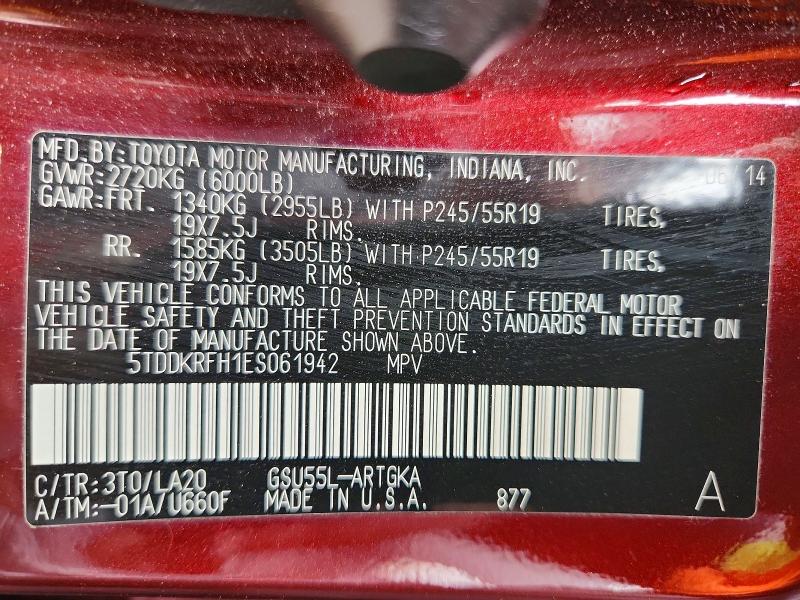 54807156 :رقم المزاد ، 5TDDKRFH1ES061942 vin ، 2014 Toyota Highlander مزاد بيع