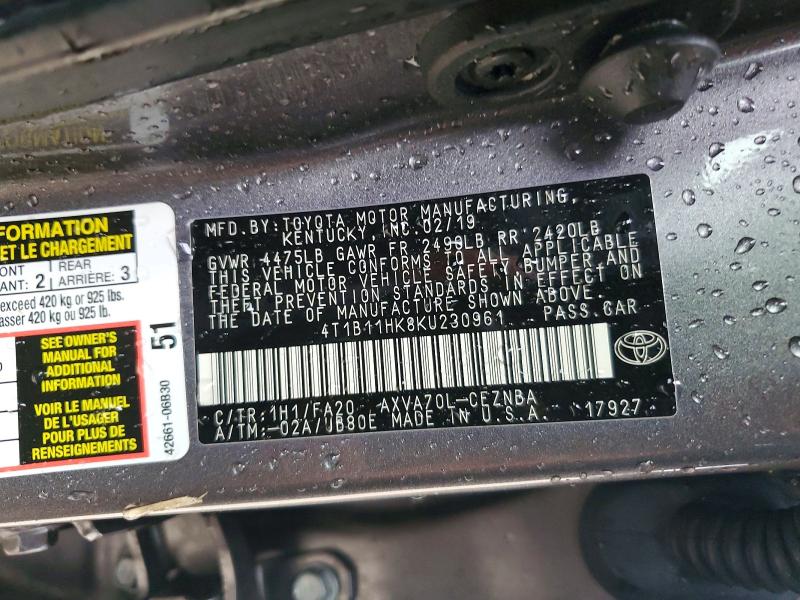 2019 Toyota Camry მანქანა იყიდება აუქციონზე, vin: 4T1B11HK8KU230961, აუქციონის ნომერი: 53585776