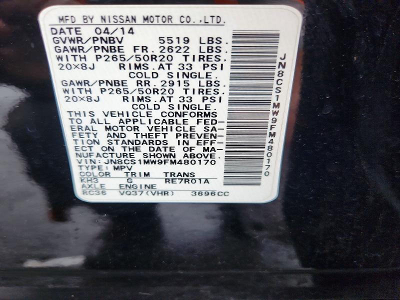 Aukcja sprzedaży 2015 Infiniti Qx70, vin: JN8CS1MW9FM480170, numer aukcji: 53587566