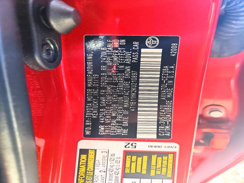 53801046 :رقم المزاد ، 4T1B11HK2KU210897 vin ، 2019 Toyota Camry مزاد بيع