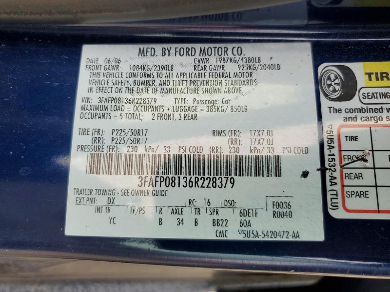 54215696 :رقم المزاد ، 3FAFP08136R228379 vin ، 2006 Ford Fusion مزاد بيع