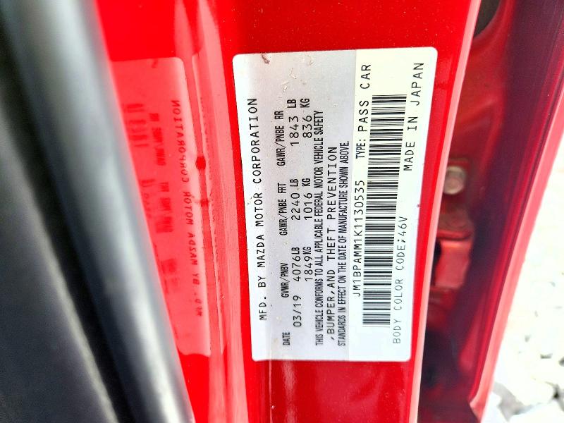 2019 Mazda 3 მანქანა იყიდება აუქციონზე, vin: JM1BPAMM1K1130535, აუქციონის ნომერი: 54482246