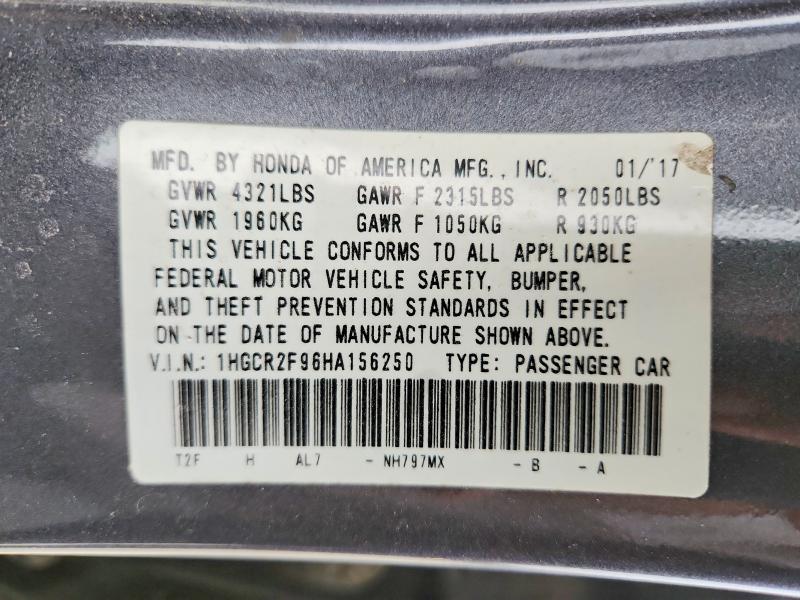 2017 Honda Accord მანქანა იყიდება აუქციონზე, vin: 1HGCR2F96HA156250, აუქციონის ნომერი: 54259356