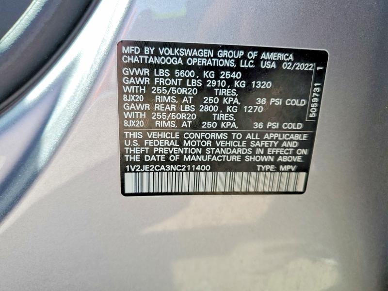 53575626 :رقم المزاد ، 1V2JE2CA3NC211400 vin ، 2022 Volkswagen Atlas Cross Sport مزاد بيع