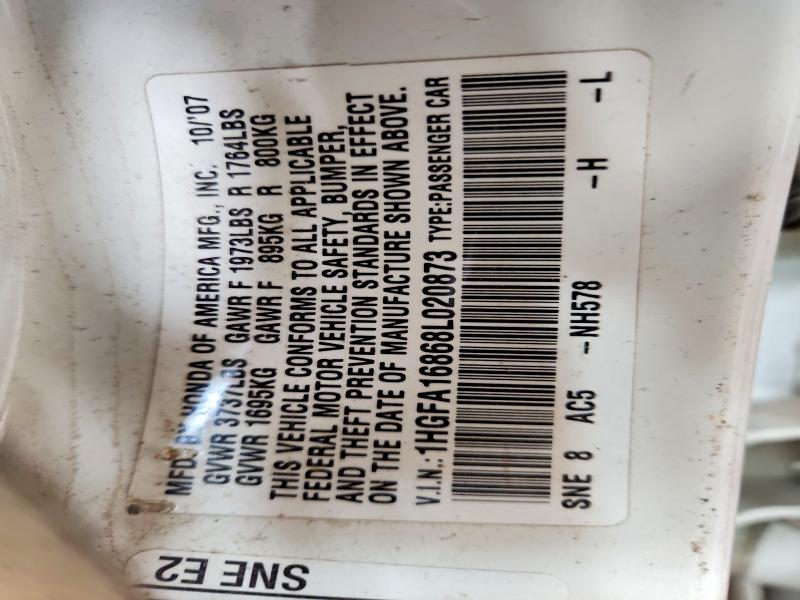 2008 Honda Civic მანქანა იყიდება აუქციონზე, vin: 1HGFA16868L020873, აუქციონის ნომერი: 55447156
