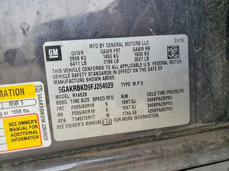 53368626 :رقم المزاد ، 5GAKRBKD9FJ264929 vin ، 2015 Buick Enclave مزاد بيع