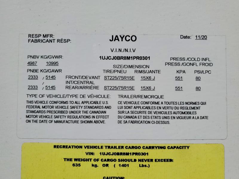 54601706 :رقم المزاد ، 1UJCJ0BR8M1PR0301 vin ، 2021 Jayco Inc 28.5 Rsts مزاد بيع