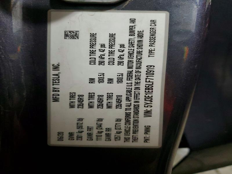 54286616 :رقم المزاد ، 5YJ3E1EB5LF710919 vin ، 2020 Tesla Model 3 مزاد بيع