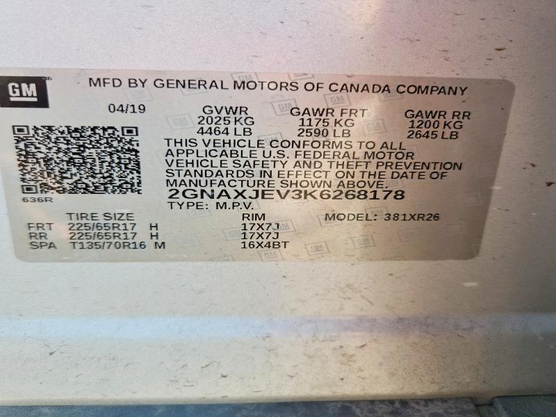 53104276 :رقم المزاد ، 2GNAXJEV3K6268178 vin ، 2019 Chevrolet Equinox مزاد بيع