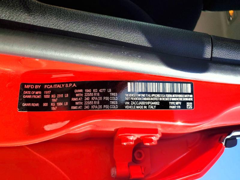 2017 Jeep Renegade მანქანა იყიდება აუქციონზე, vin: ZACCJABB1HPG44952, აუქციონის ნომერი: 54415116