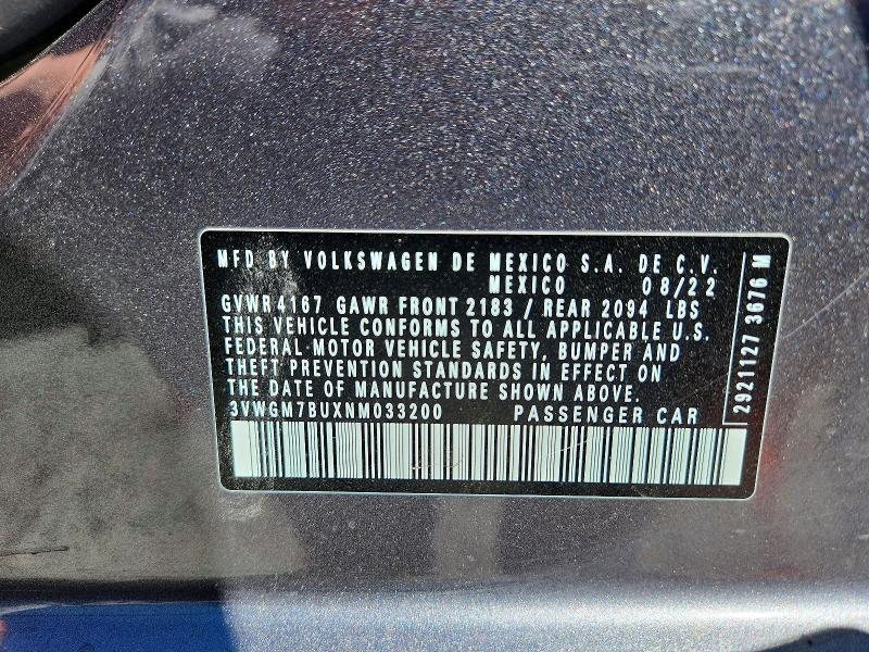 Продаж на аукціоні авто 2022 Volkswagen Jetta, vin: 3VWGM7BUXNM033200, номер лоту: 52251266