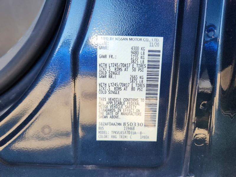 2021 Nissan Nv მანქანა იყიდება აუქციონზე, vin: 5BZAF0AA2MN850330, აუქციონის ნომერი: 52402546