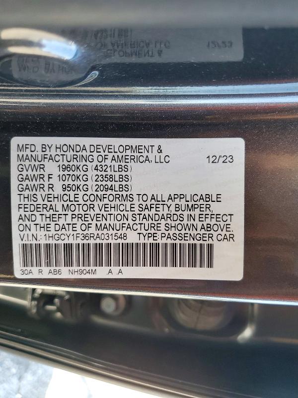 Продаж на аукціоні авто 2024 Honda Accord, vin: 1HGCY1F36RA031548, номер лоту: 51366246