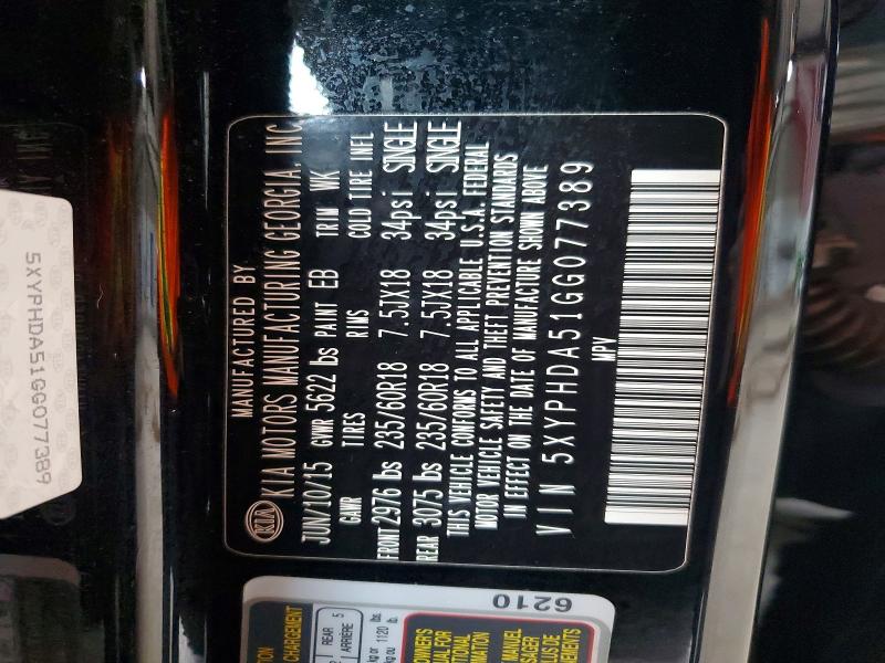 2016 Kia Sorento მანქანა იყიდება აუქციონზე, vin: 5XYPHDA51GG077389, აუქციონის ნომერი: 53387796