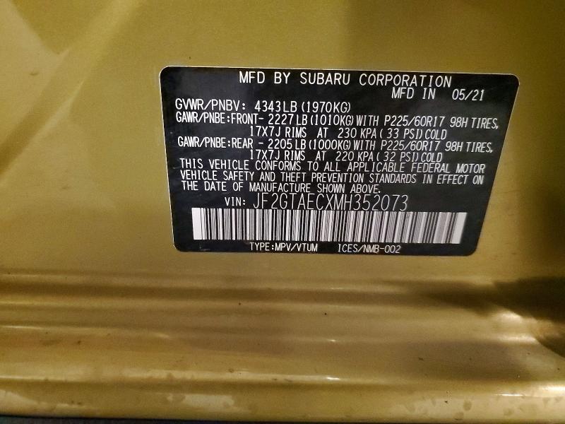 54904446 :رقم المزاد ، JF2GTAECXMH352073 vin ، 2021 Subaru Crosstrek مزاد بيع
