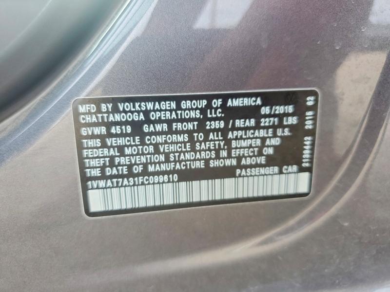 2015 Volkswagen Passat მანქანა იყიდება აუქციონზე, vin: 1VWAT7A31FC099610, აუქციონის ნომერი: 55410226