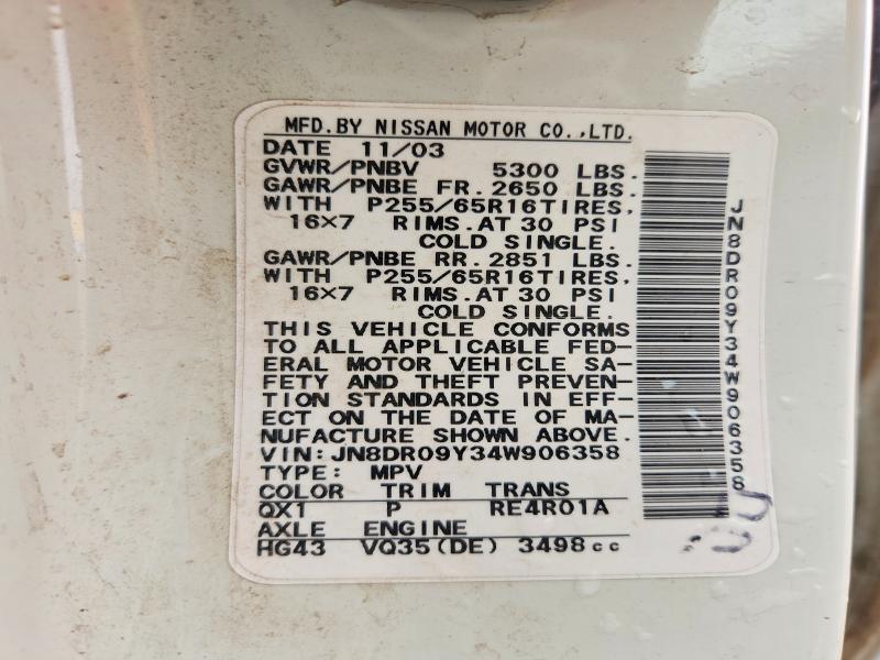 51792196 :رقم المزاد ، JN8DR09Y34W906358 vin ، 2004 Nissan Pathfinder مزاد بيع
