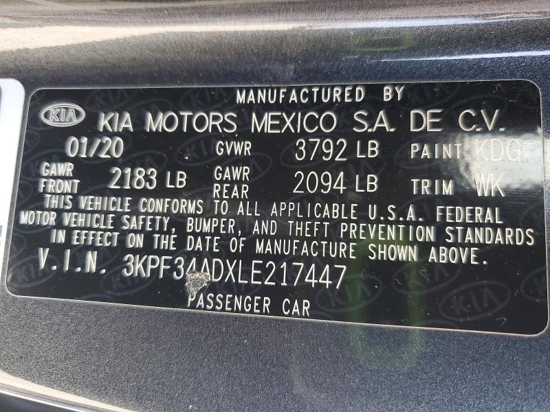 52967626 :رقم المزاد ، 3KPF34ADXLE217447 vin ، 2020 Kia Forte مزاد بيع