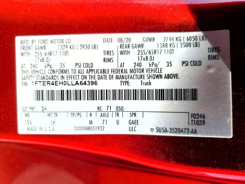 2020 Ford Ranger მანქანა იყიდება აუქციონზე, vin: 1FTER4EH0LLA64396, აუქციონის ნომერი: 54089666