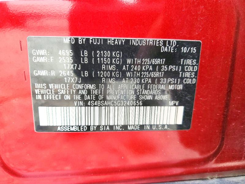 52782416 :رقم المزاد ، 4S4BSAHC5G3240656 vin ، 2016 Subaru Outback مزاد بيع