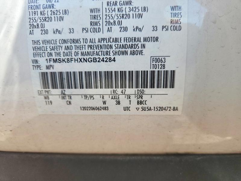 2022 Ford Explorer მანქანა იყიდება აუქციონზე, vin: 1FMSK8FHXNGB24284, აუქციონის ნომერი: 52740626