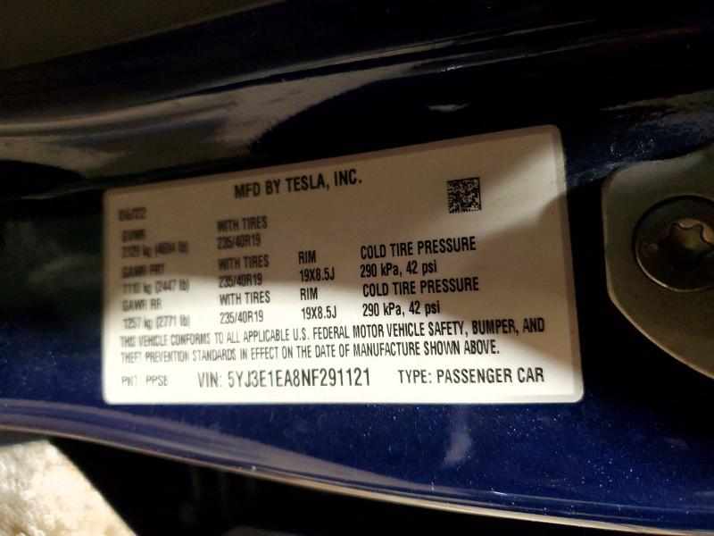 Aukcja sprzedaży 2022 Tesla Model 3, vin: 5YJ3E1EA8NF291121, numer aukcji: 52497946