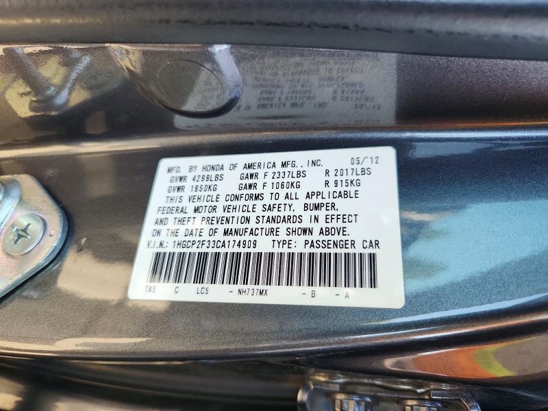 Продаж на аукціоні авто 2012 Honda Accord, vin: 1HGCP2F33CA174909, номер лоту: 53430646