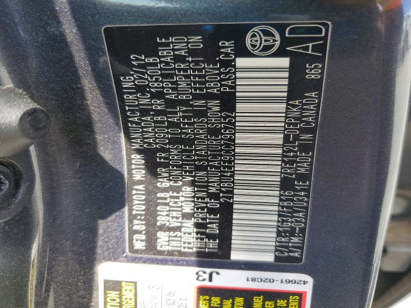 Продажа на аукционе авто 2012 Toyota Corolla, vin: 2T1BU4EE9CC796752, номер лота: 52450866