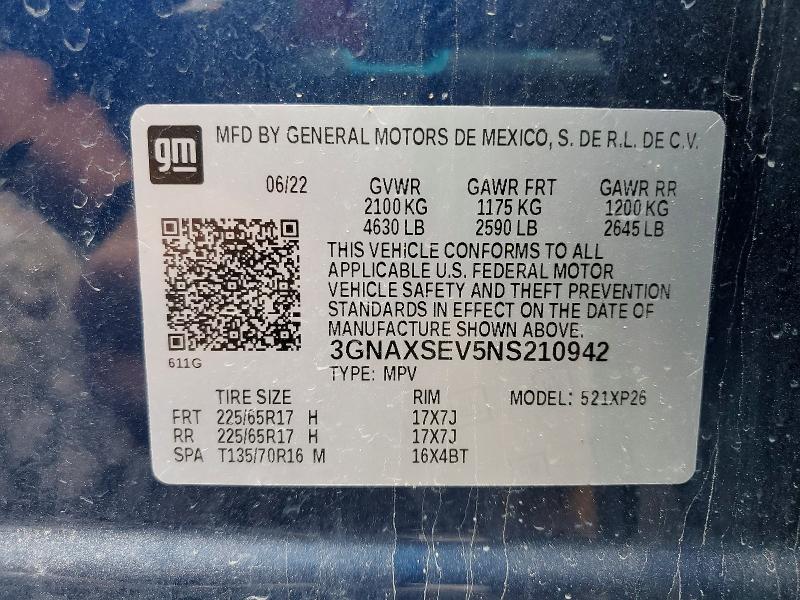 Продажа на аукционе авто 2022 Chevrolet Equinox, vin: 3GNAXSEV5NS210942, номер лота: 54485916