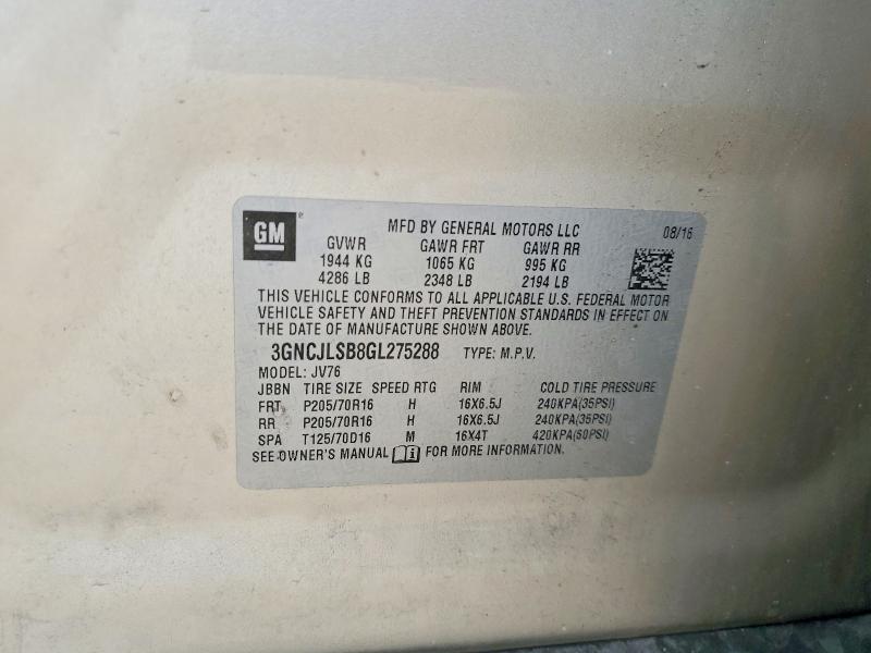 Aukcja sprzedaży 2016 Chevrolet Trax, vin: 3GNCJLSB8GL275288, numer aukcji: 54282306